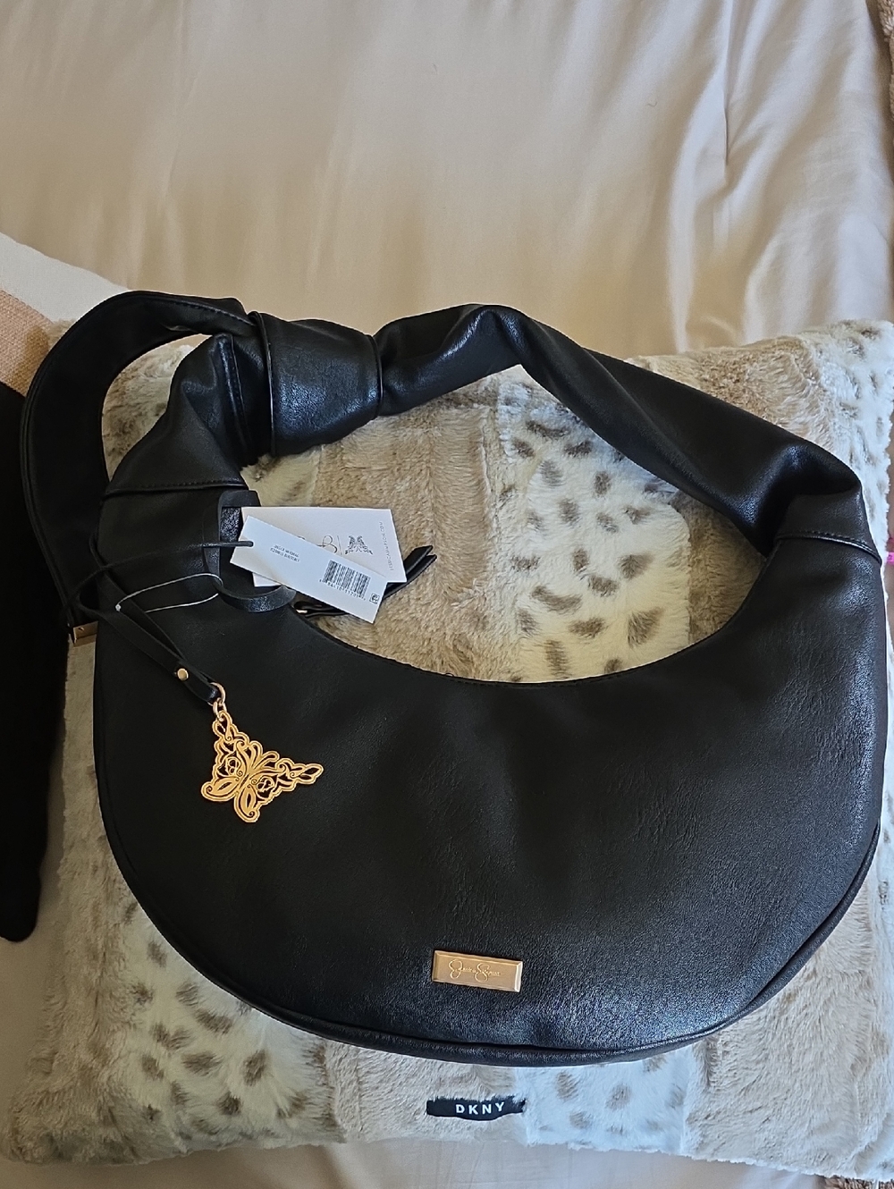 Jessica Simpson Black Shoulder Hobo Bag with Gold Butterfly Charm